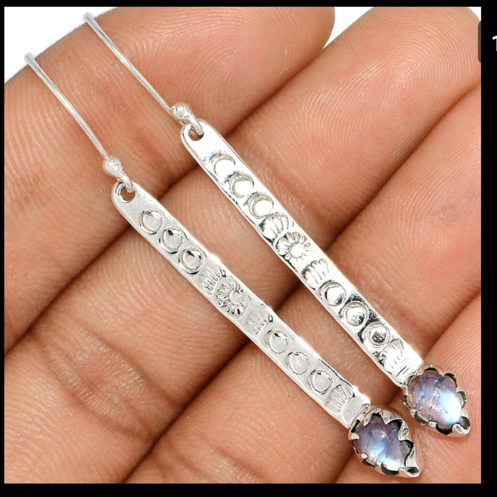 Southwest Style. 925 Sterling Silver Long Earrings with Moonstone